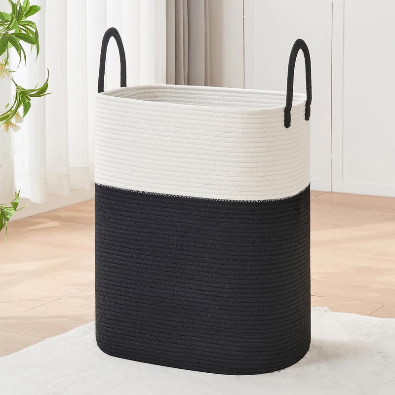 AINUOQI Laundry Basket with Handles - Blanket Basket & Hampers for Bedroom Aesthetic, Laundry Hamper & Blanket Storage for Living Room, Clothes Hamper, Tall, Large 17" x 14" x 25”, White & Black - Image 1